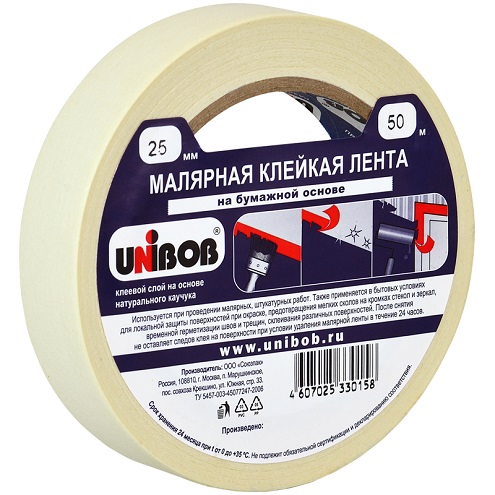 Клейкая лента малярная Unibob, 25 мм.*50 м., индивидуальная упаковка