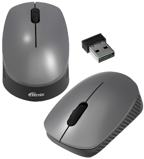 Мышь Ritmix RMW-502, Серый Mouse Wireless Optical Mouse, USB, 1200dpi, 2+1 buttons, 2AAA, Black-Grey